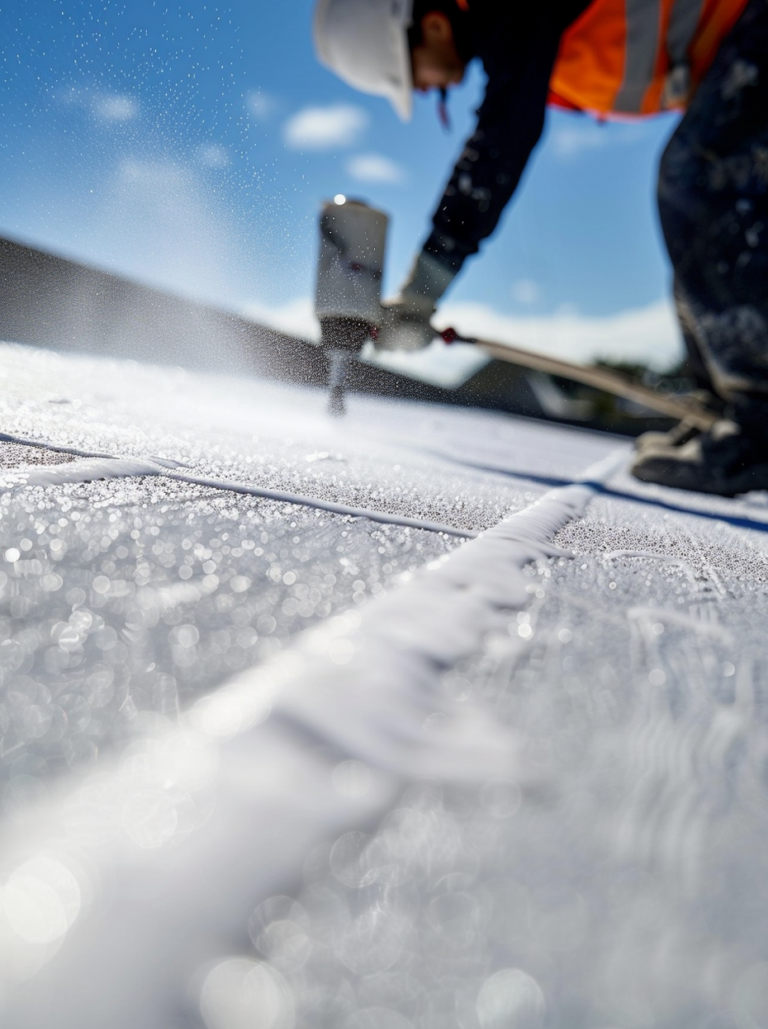 Worker in safety gear applies sealant to a roof surface using a spray gun on a sunny day.