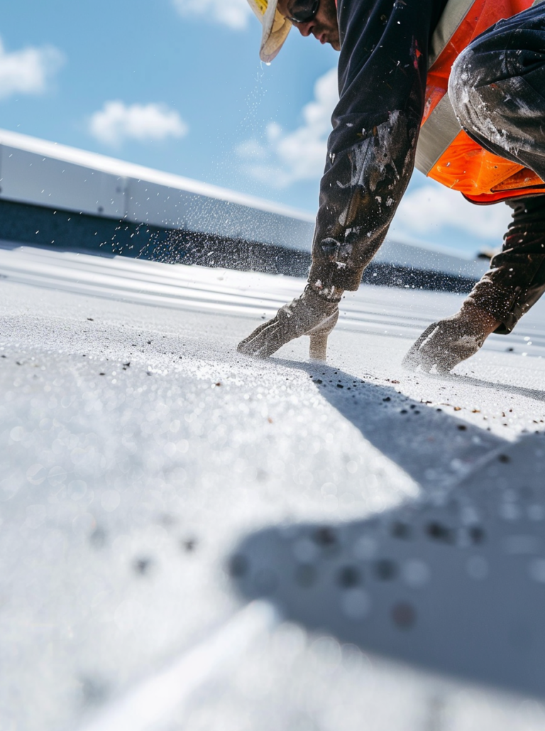 A construction worker wearing an orange vest and gloves is working on a rooftop under a sunny sky, with particles scattering nearby.