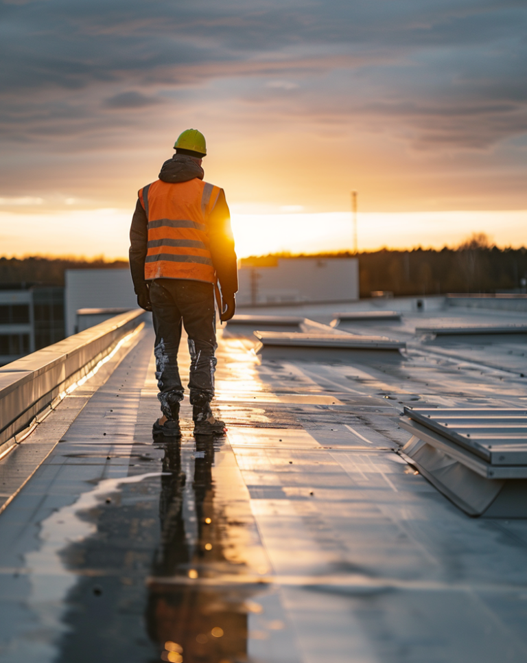 A person in a safety vest and helmet stands on a rooftop at sunset, facing towards the horizon. The roof is shiny from recent rain.