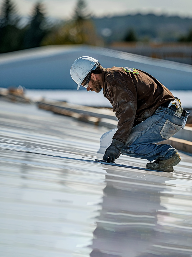 A construction worker in a brown jacket and white hard hat kneels while working on a reflective rooftop.