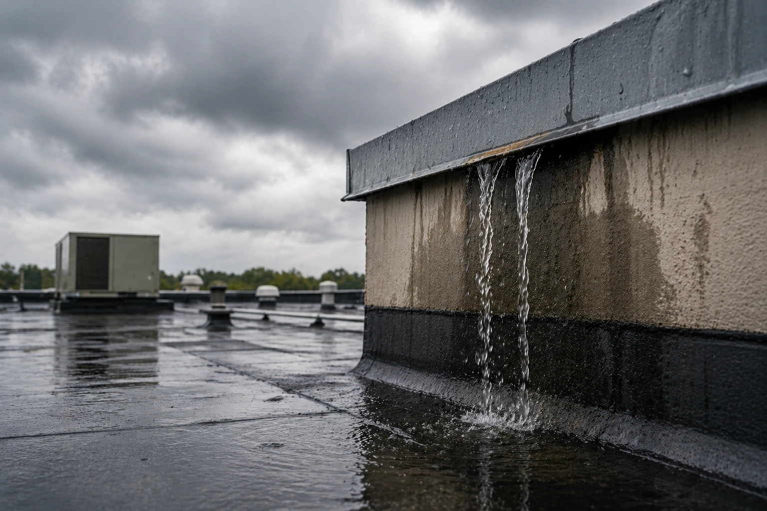 Water pours off the edge of a flat rooftop during rain, with a cloudy sky and rooftop equipment visible in the background—a common sight when deciding whether to repair vs replace commercial roof leaks.