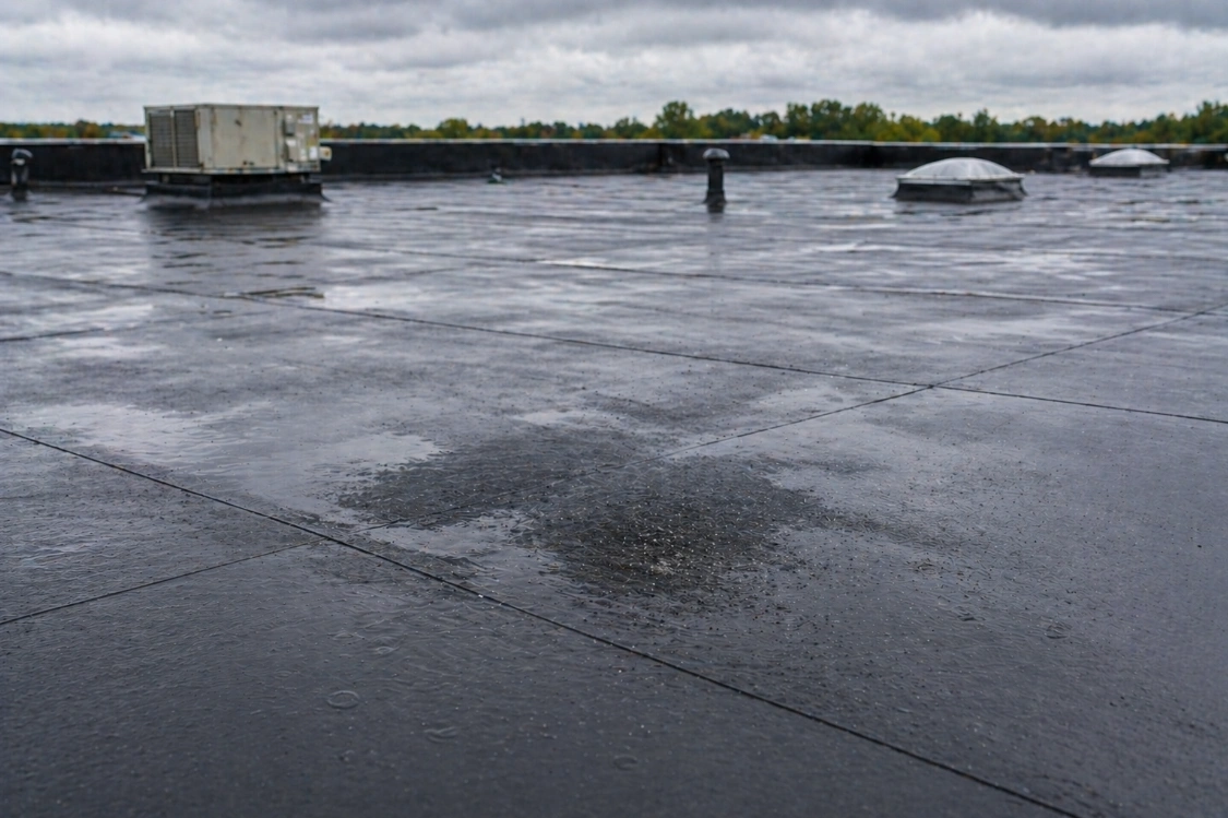 A flat, wet commercial roof with puddles, HVAC units, vents, cloudy sky, and trees in the distance—ideal conditions for commercial roof leak detection.