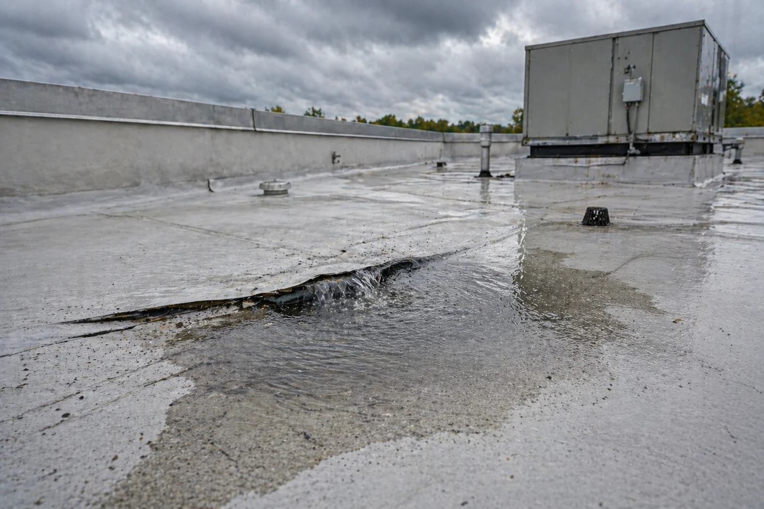 Water leaks through a crack on a flat building roof near an HVAC unit, forming a small puddle—a common issue when learning how to fix a commercial roof leak; cloudy sky in the background.