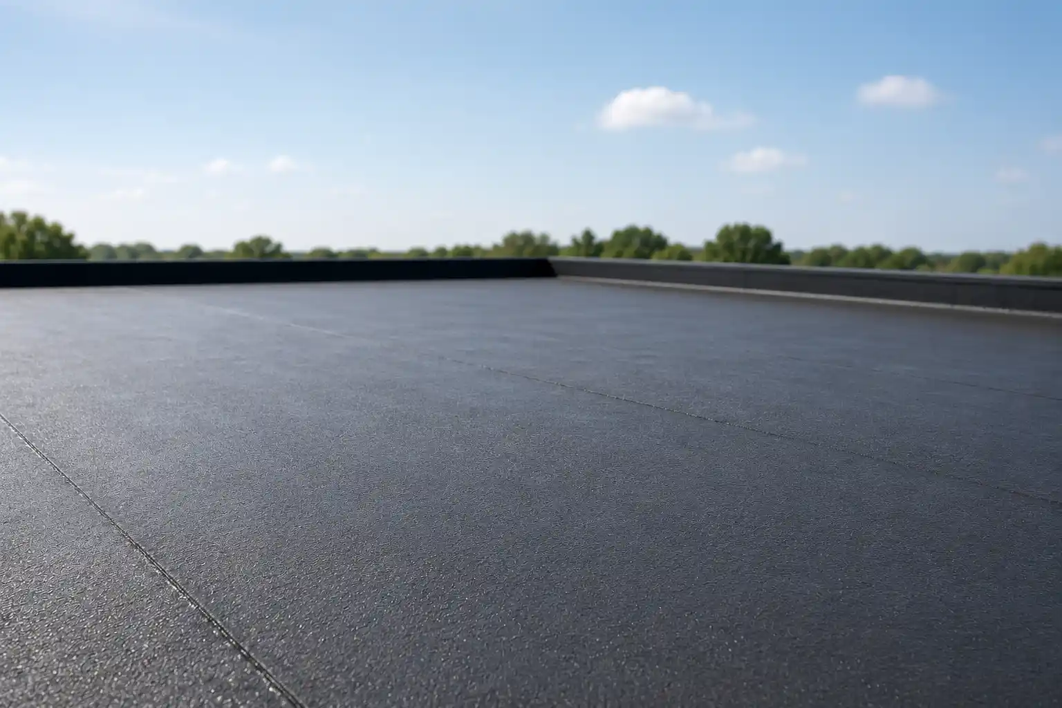 A flat black roof with a smooth surface—crafted using the best flat roof repair material—is shown under a blue sky with a few clouds and some trees in the background.