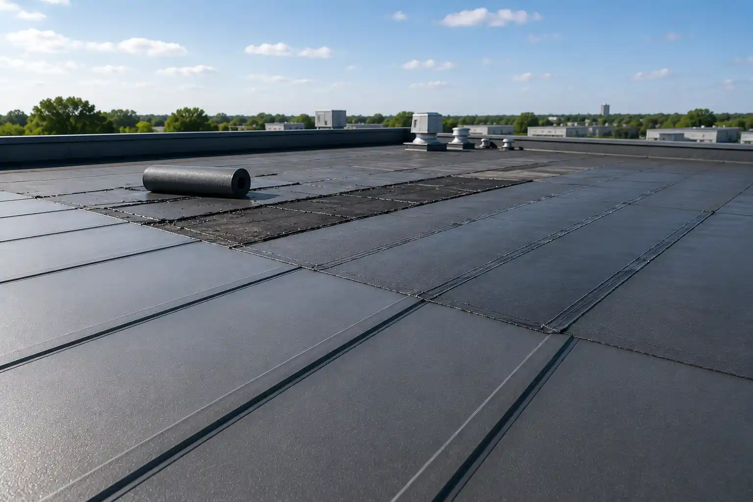 Flat commercial roof with black roofing material partially installed, a rolled-up section in progress, and rooftop vents visible under a clear sky with scattered clouds—demonstrating one of the common types of commercial roof repairs.