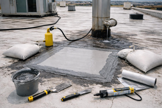 A temporary flat roof repair surrounds a vent pipe, with tools, a bucket, sealant, and sandbags arranged nearby on the concrete surface.
