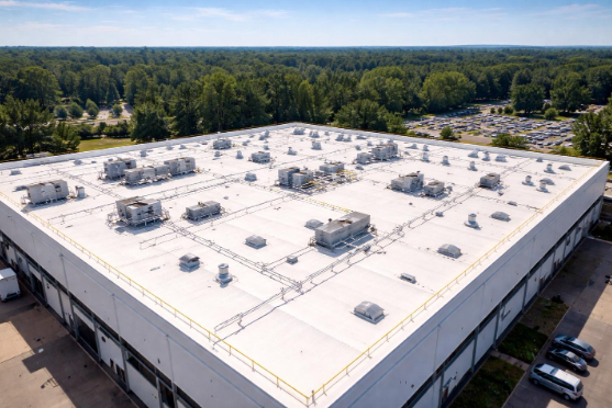 Aerial view of a large, square industrial building with numerous HVAC units and vents on its white roof, showcasing the importance of roof maintenance strategies, surrounded by trees and a parking lot, seen in a blog answering the question "What is the lifespan of a commercial roof?"