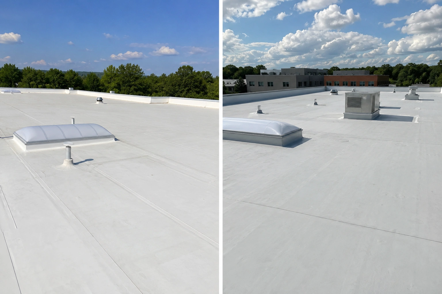 Two views of a flat commercial building roof with white coating, skylights, vents, and HVAC units under a partly cloudy sky. Trees and buildings are visible in the background. This is an ideal example for illustrating how to tell the difference between TPO and PVC roofing based on their appearance and features.