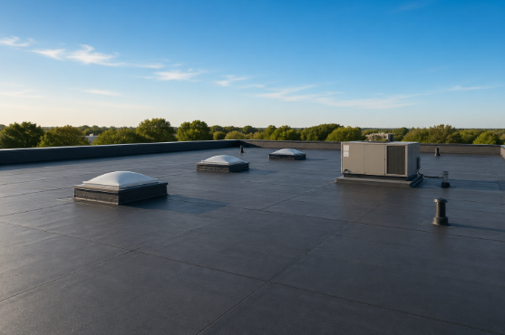 Flat commercial building roof with skylights, an HVAC unit, vents, and surrounding trees under a clear blue sky as seen in a blog answering the question "How long does a flat roof last?"