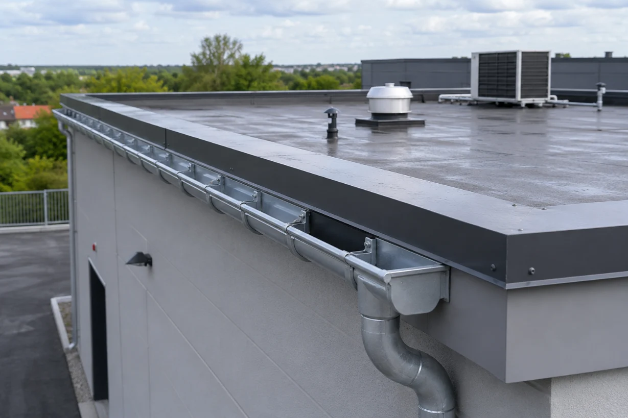 Flat rooftop of a commercial building with metal gutters and downspout, HVAC units, roof vent, and surrounding greenery in the background.