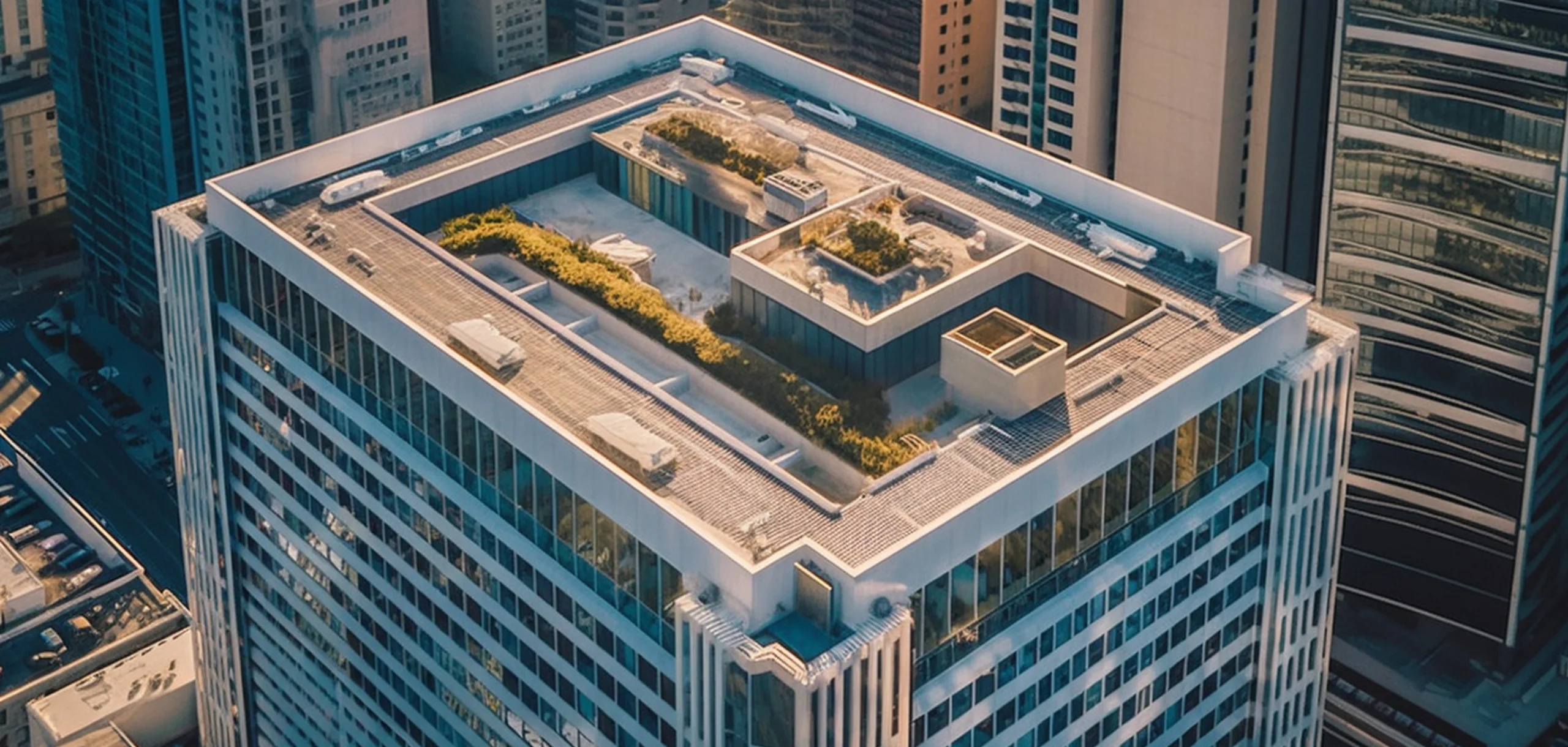 Aerial view of a modern high-rise building with a rooftop garden, surrounded by other tall buildings in a city.